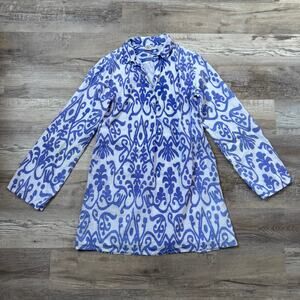 Sheridan French Blue Ikat Tunic Dress Long Sleeve Resort Chic Size 14